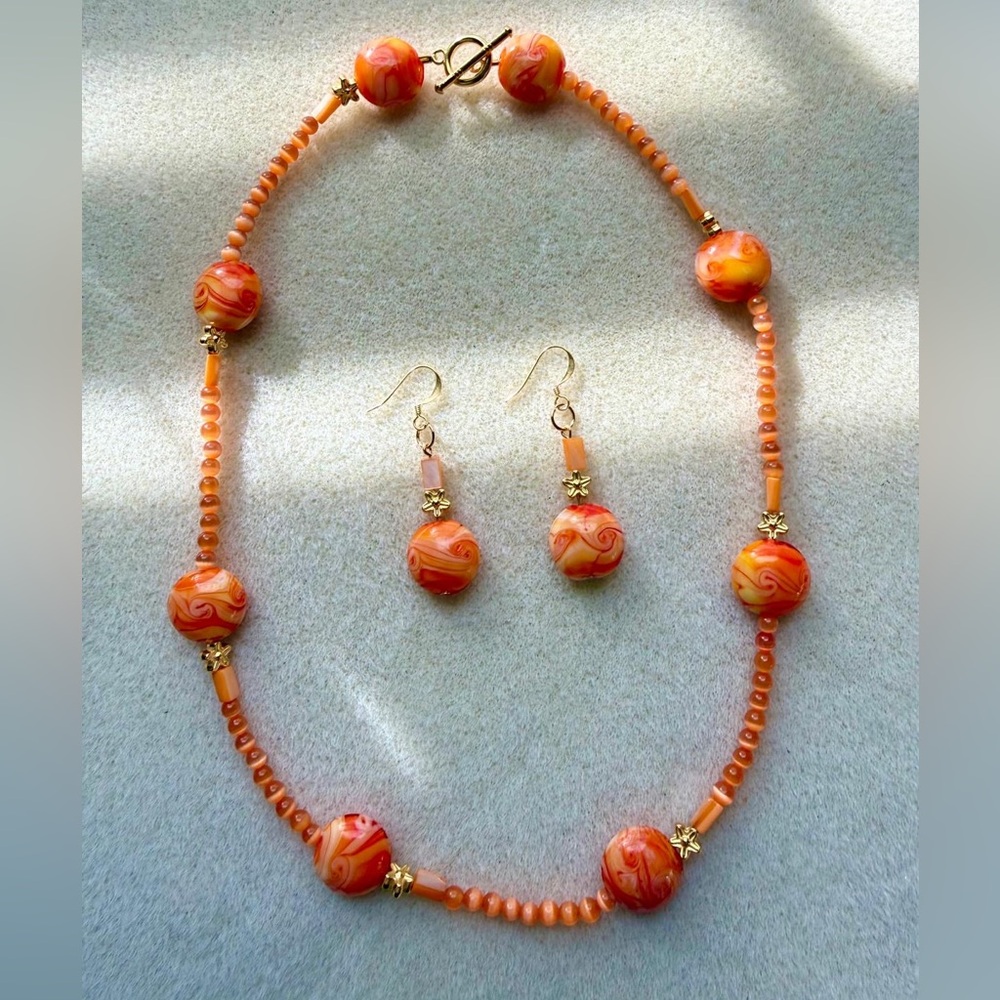 Jewelry Orange Swirl Beaded Necklace and Earrings Set SOLD